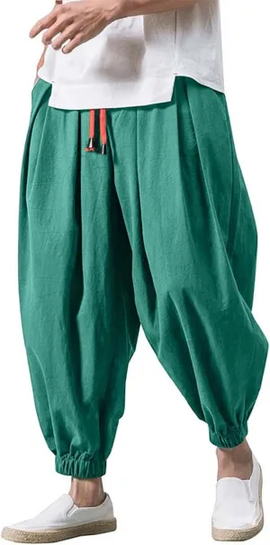 Mens Harem Pants Casual Linen Boho Yoga Beach Pants Drawstring Baggy Joggers Hippie Drop Crotch Trousers with Pockets