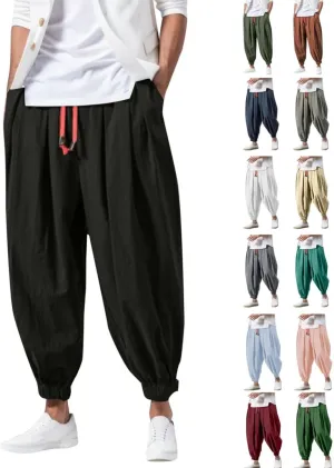 Mens Harem Pants Casual Linen Boho Yoga Beach Pants Drawstring Baggy Joggers Hippie Drop Crotch Trousers with Pockets
