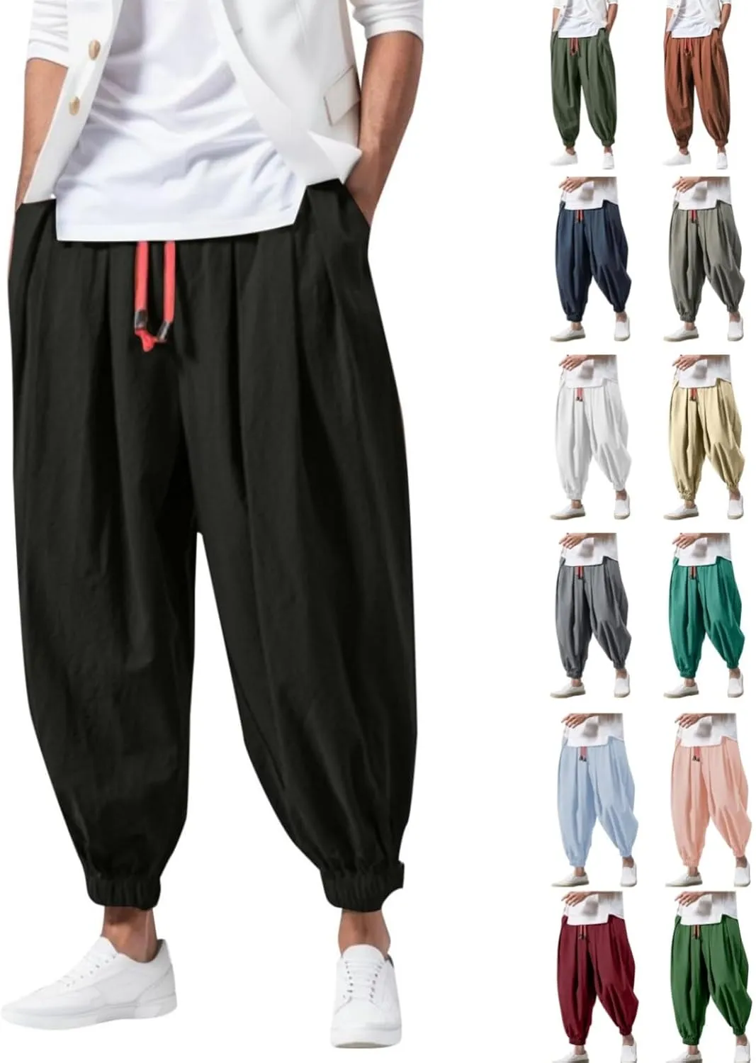 Mens Harem Pants Casual Linen Boho Yoga Beach Pants Drawstring Baggy Joggers Hippie Drop Crotch Trousers with Pockets