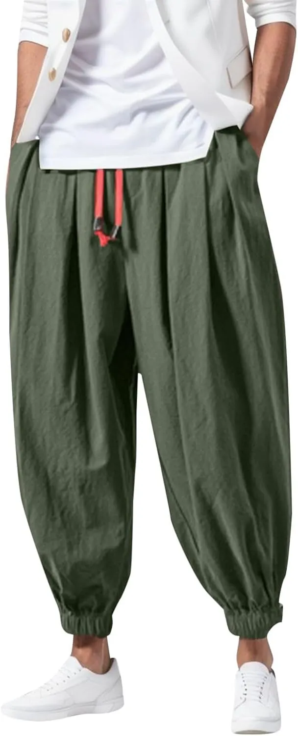 Mens Harem Pants Casual Linen Boho Yoga Beach Pants Drawstring Baggy Joggers Hippie Drop Crotch Trousers with Pockets