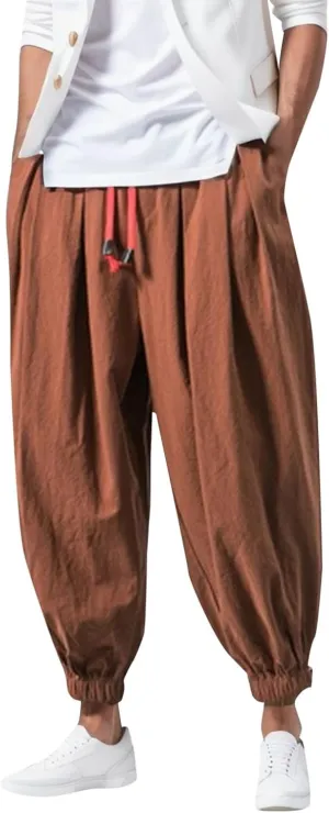 Mens Harem Pants Casual Linen Boho Yoga Beach Pants Drawstring Baggy Joggers Hippie Drop Crotch Trousers with Pockets