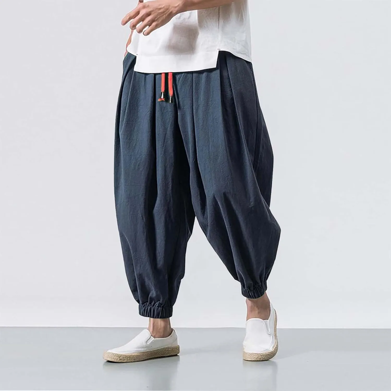 Mens Hippie Harem Pants Casual Elastic Drawstring Tapered Pants Solid Color Baggy Yoga Drop Crotch Trouser