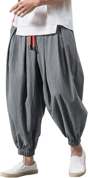 Mens Hippie Harem Pants Casual Elastic Drawstring Tapered Pants Solid Color Baggy Yoga Drop Crotch Trouser