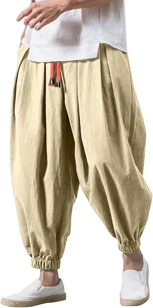Mens Hippie Harem Pants Casual Elastic Drawstring Tapered Pants Solid Color Baggy Yoga Drop Crotch Trouser