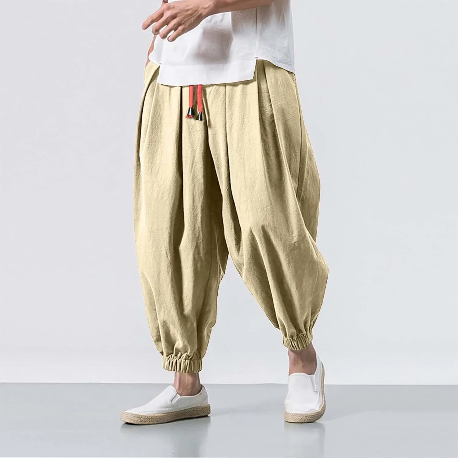 Mens Hippie Harem Pants Casual Elastic Drawstring Tapered Pants Solid Color Baggy Yoga Drop Crotch Trouser