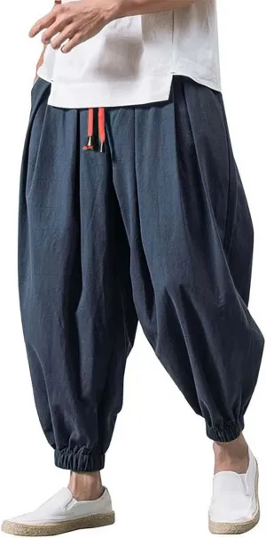 Mens Hippie Harem Pants Casual Elastic Drawstring Tapered Pants Solid Color Baggy Yoga Drop Crotch Trouser