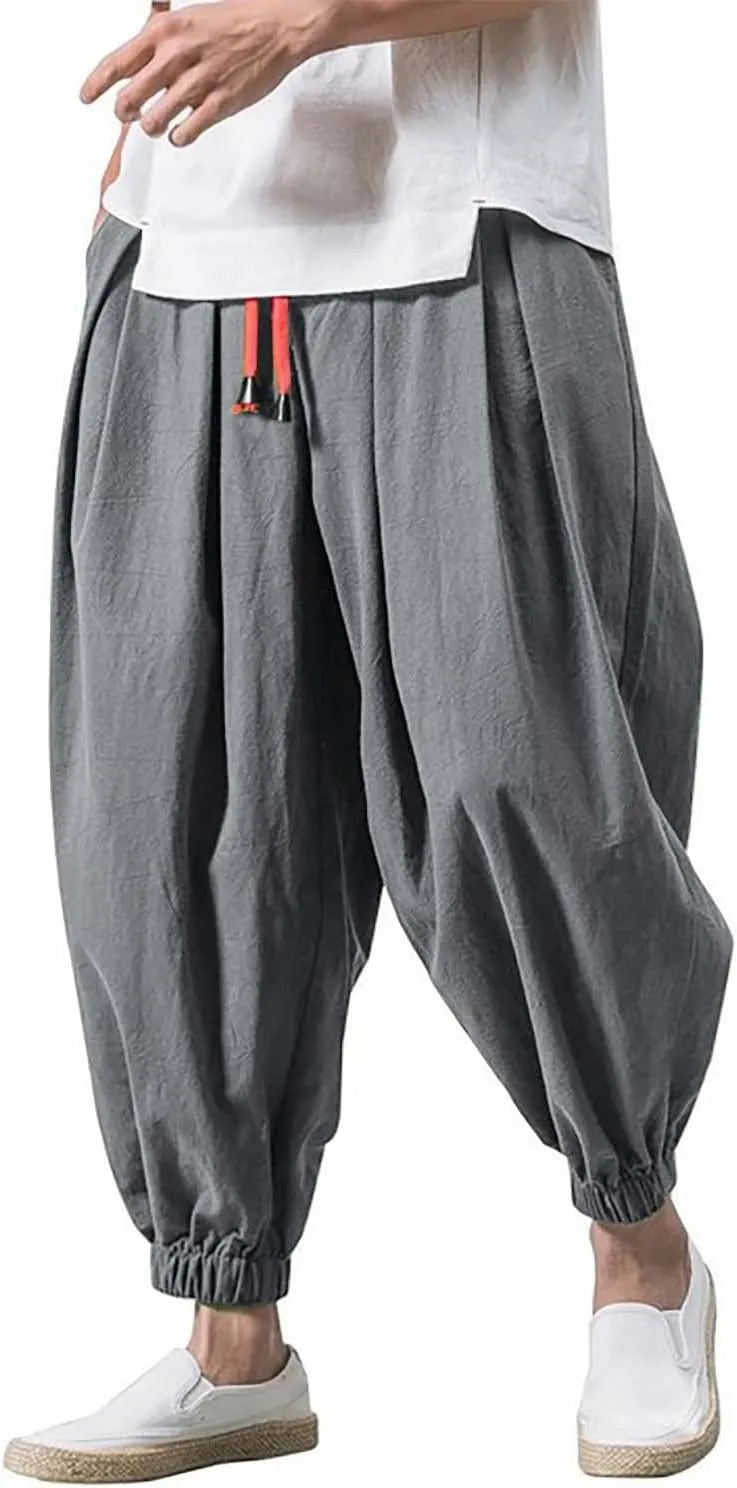 Mens Hippie Harem Pants Casual Elastic Drawstring Tapered Pants Solid Color Baggy Yoga Drop Crotch Trouser