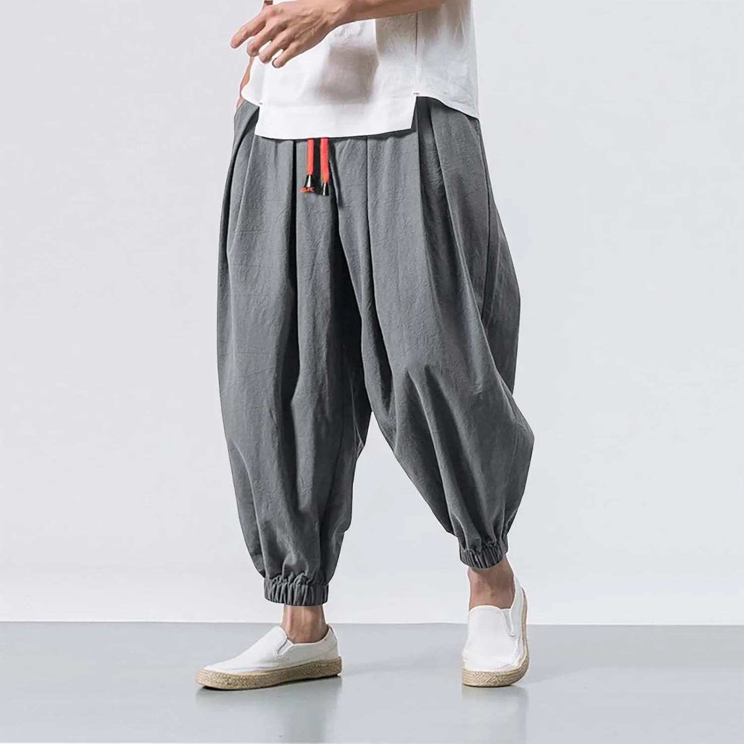 Mens Hippie Harem Pants Casual Elastic Drawstring Tapered Pants Solid Color Baggy Yoga Drop Crotch Trouser