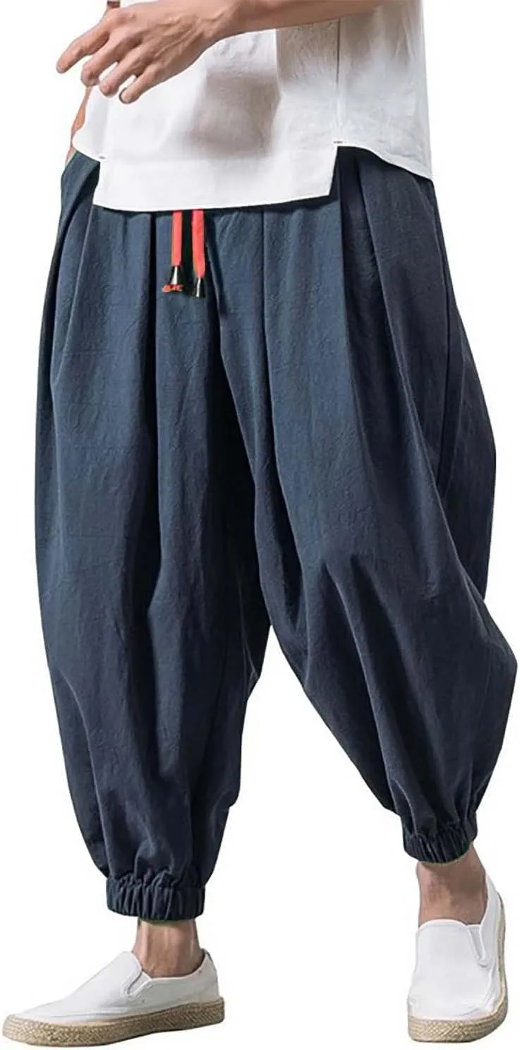 Mens Hippie Harem Pants Casual Elastic Drawstring Tapered Pants Solid Color Baggy Yoga Drop Crotch Trouser