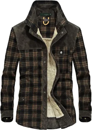 Mens Long Sleeve Sherpa Lined Flannel Shirt Jackets Thermal Quilted Lined Button Down Plaid Coats with Pockets