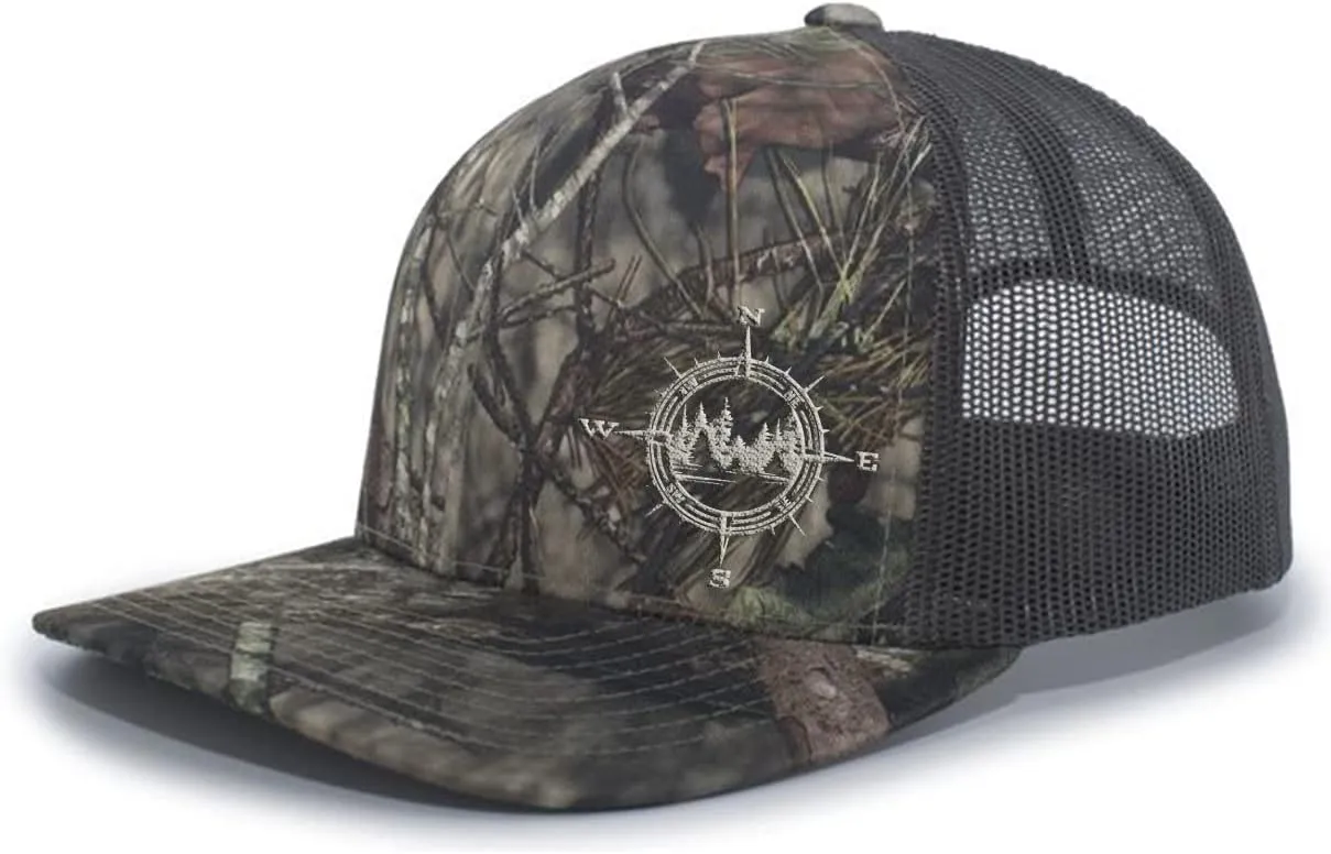 Men's Outdoors Compass Scenic Forest Woodland Embroidered Mesh Back Trucker Hat