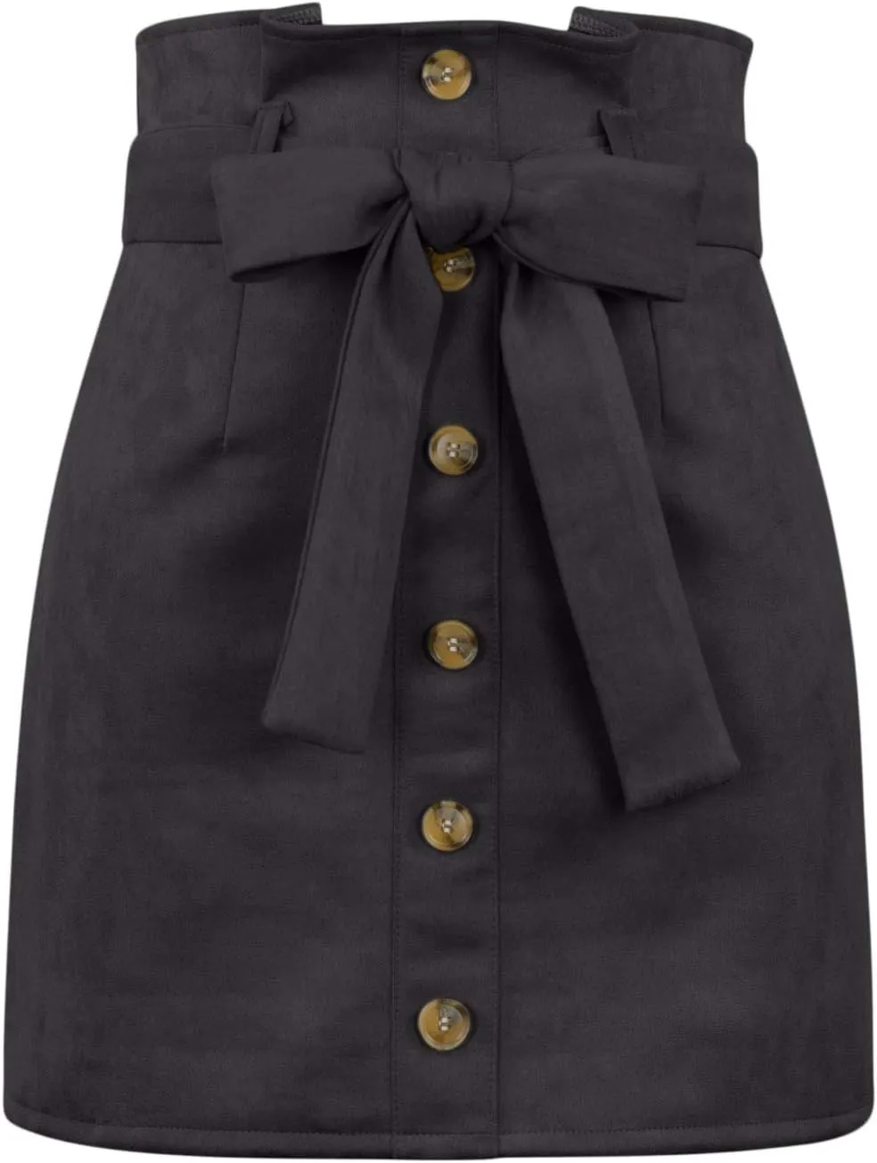 Meyeeka Women's Paperbag High Waist Button Trim Front Belted Faux Suede Mini Skirt