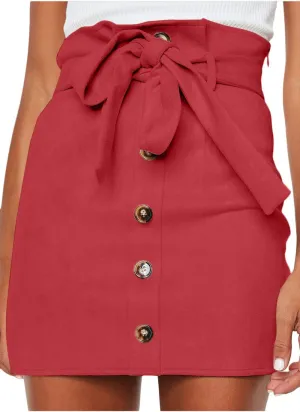 Meyeeka Women's Paperbag High Waist Button Trim Front Belted Faux Suede Mini Skirt