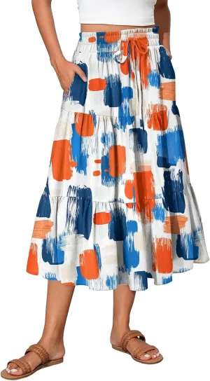 Midi Skirt for Women Summer Layered Tiered High Waisted Knee Length Skirt A Line Swing Floral Print Skirts with Pockets