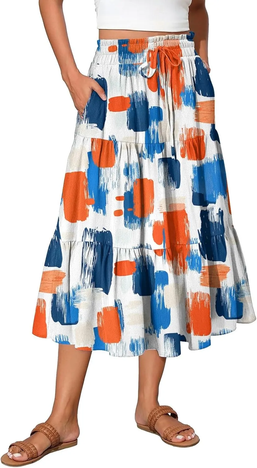 Midi Skirt for Women Summer Layered Tiered High Waisted Knee Length Skirt A Line Swing Floral Print Skirts with Pockets