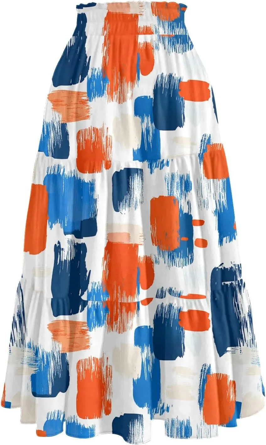 Midi Skirt for Women Summer Layered Tiered High Waisted Knee Length Skirt A Line Swing Floral Print Skirts with Pockets
