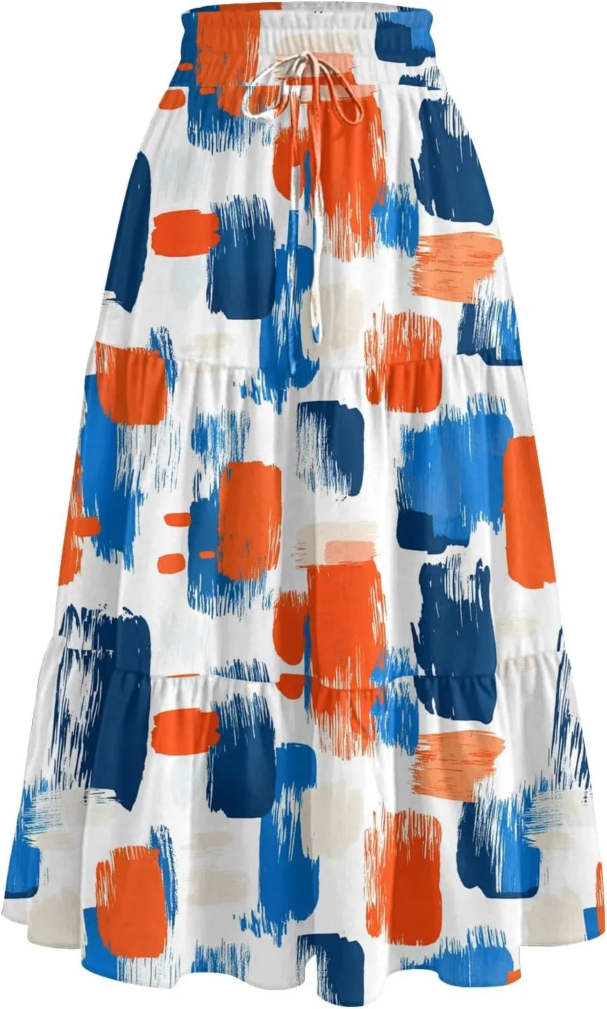 Midi Skirt for Women Summer Layered Tiered High Waisted Knee Length Skirt A Line Swing Floral Print Skirts with Pockets