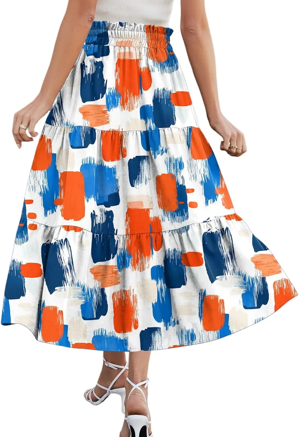 Midi Skirt for Women Summer Layered Tiered High Waisted Knee Length Skirt A Line Swing Floral Print Skirts with Pockets