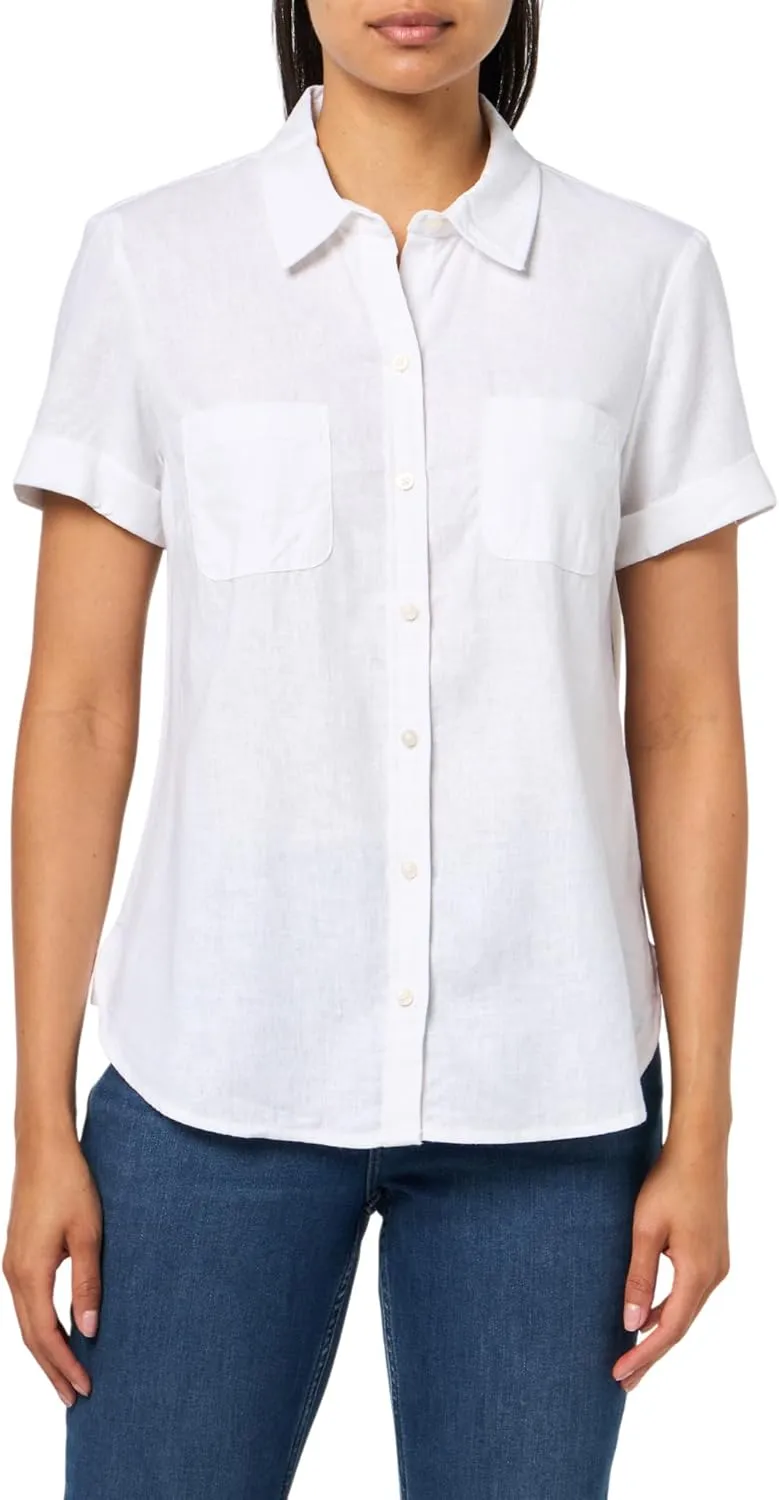 Nautica Women's Short Sleeve Linen Blend Button Up Collared Camp Shirt
