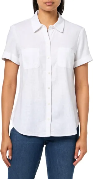 Nautica Women's Short Sleeve Linen Blend Button Up Collared Camp Shirt