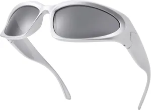 NULOOQ Wrap Around Sunglasses for Women Men – Trendy Swift Y2K Oval Sport Shades Silver Futuristic Sunglasses