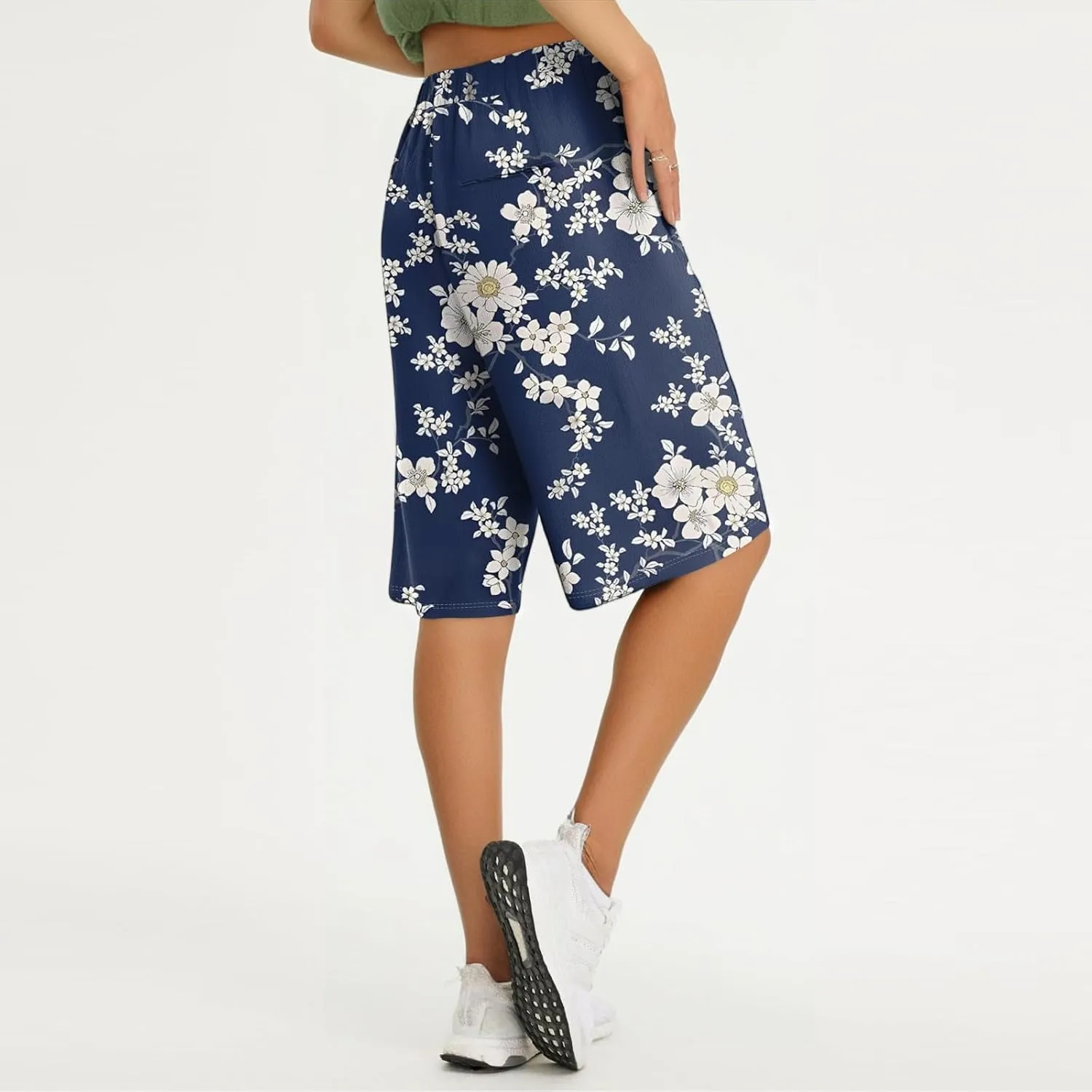 Pants for Women Drawstring Elastic Linen Knee Length Crop Pants Summer High Rise Tie-Dye Fashion Bermuda Shorts Pocket