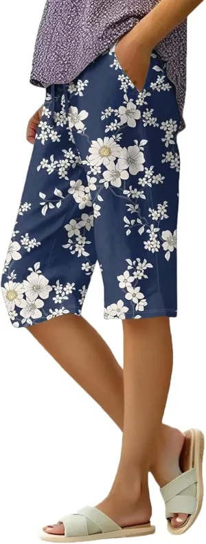 Pants for Women Drawstring Elastic Linen Knee Length Crop Pants Summer High Rise Tie-Dye Fashion Bermuda Shorts Pocket