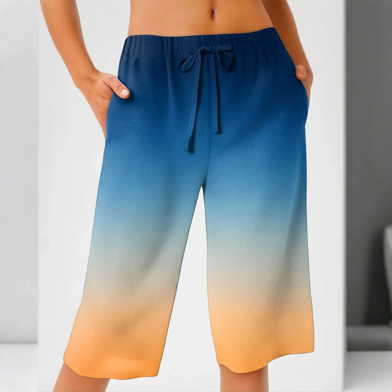 Pants for Women Drawstring Elastic Linen Knee Length Crop Pants Summer High Rise Tie-Dye Fashion Bermuda Shorts Pocket