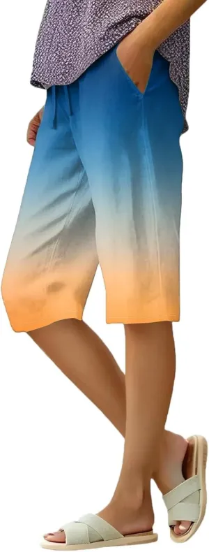 Pants for Women Drawstring Elastic Linen Knee Length Crop Pants Summer High Rise Tie-Dye Fashion Bermuda Shorts Pocket