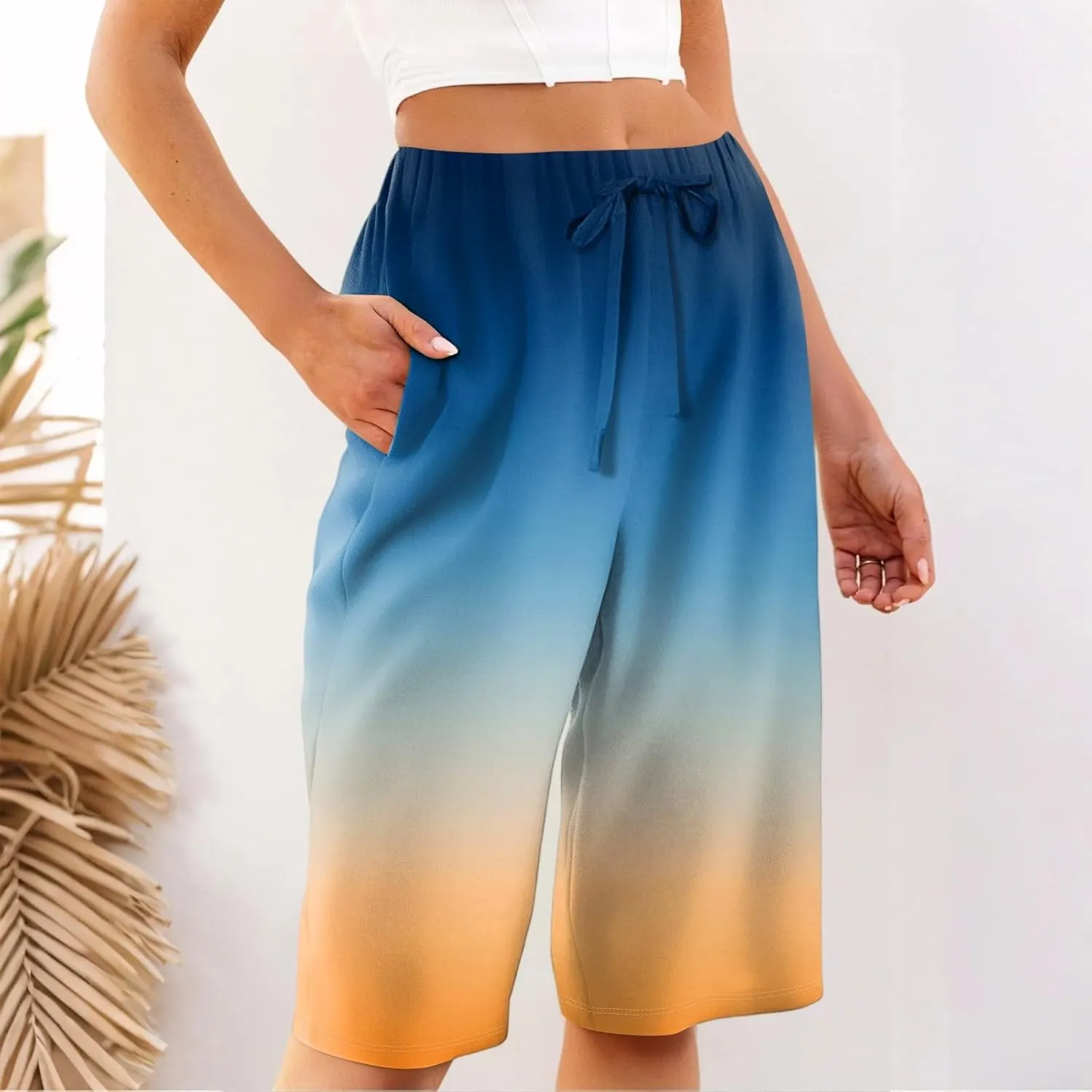 Pants for Women Drawstring Elastic Linen Knee Length Crop Pants Summer High Rise Tie-Dye Fashion Bermuda Shorts Pocket