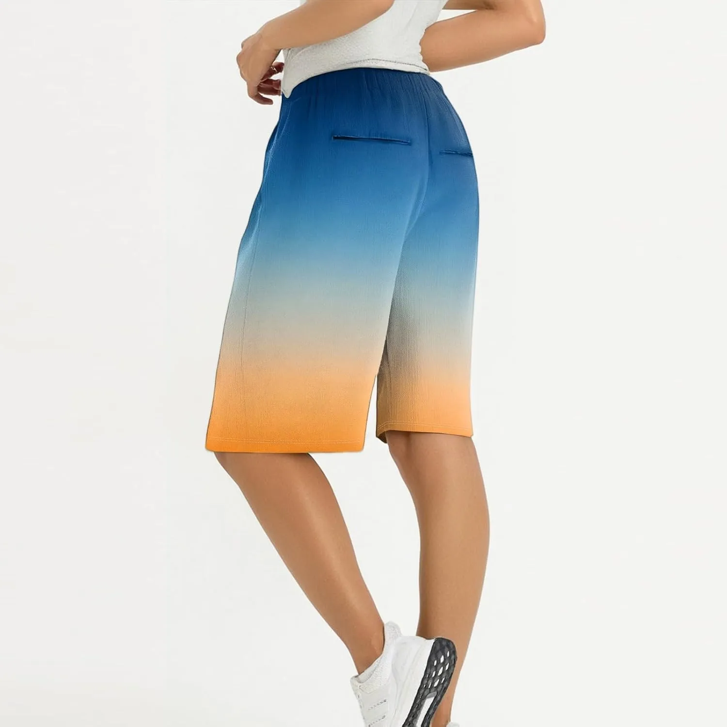 Pants for Women Drawstring Elastic Linen Knee Length Crop Pants Summer High Rise Tie-Dye Fashion Bermuda Shorts Pocket