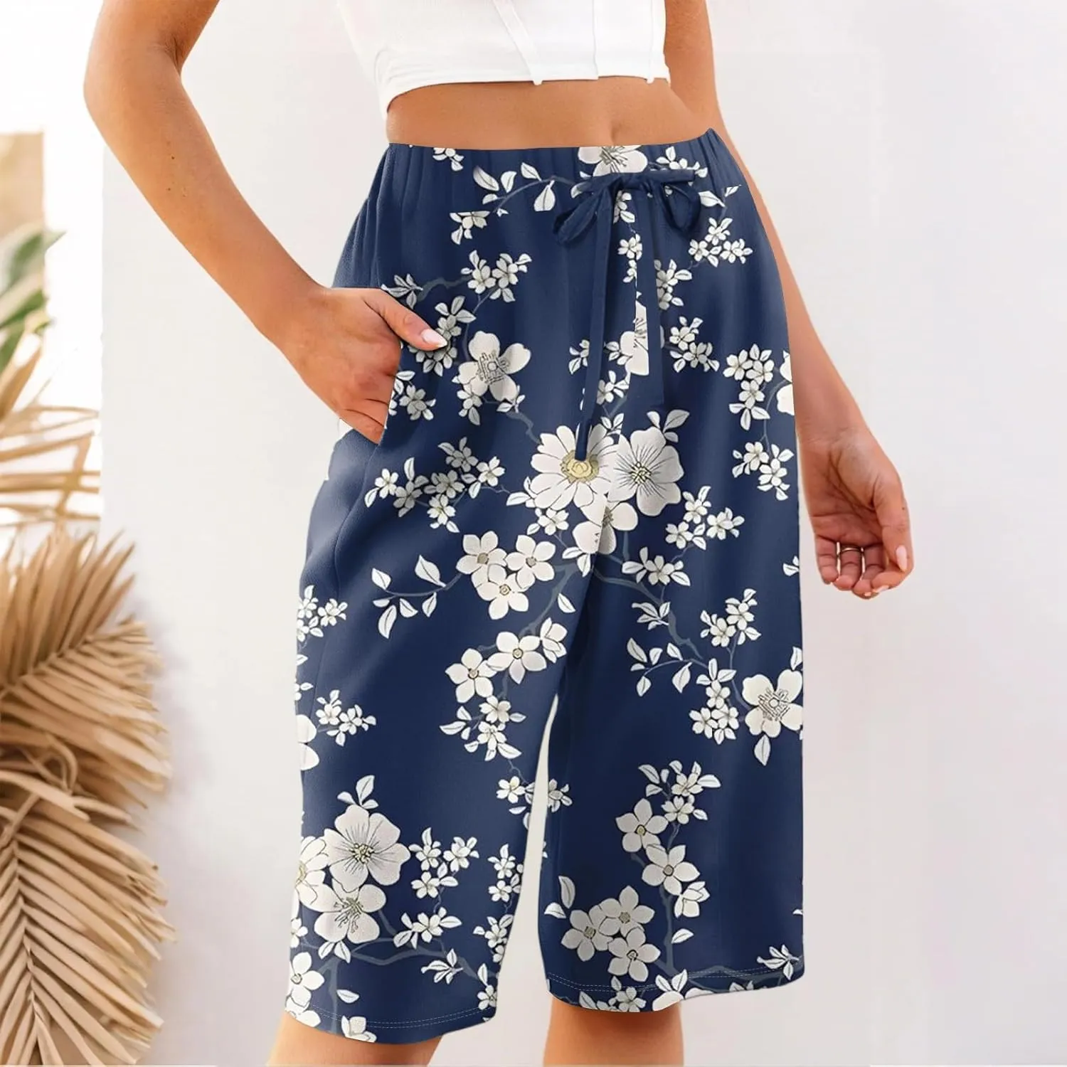 Pants for Women Drawstring Elastic Linen Knee Length Crop Pants Summer High Rise Tie-Dye Fashion Bermuda Shorts Pocket