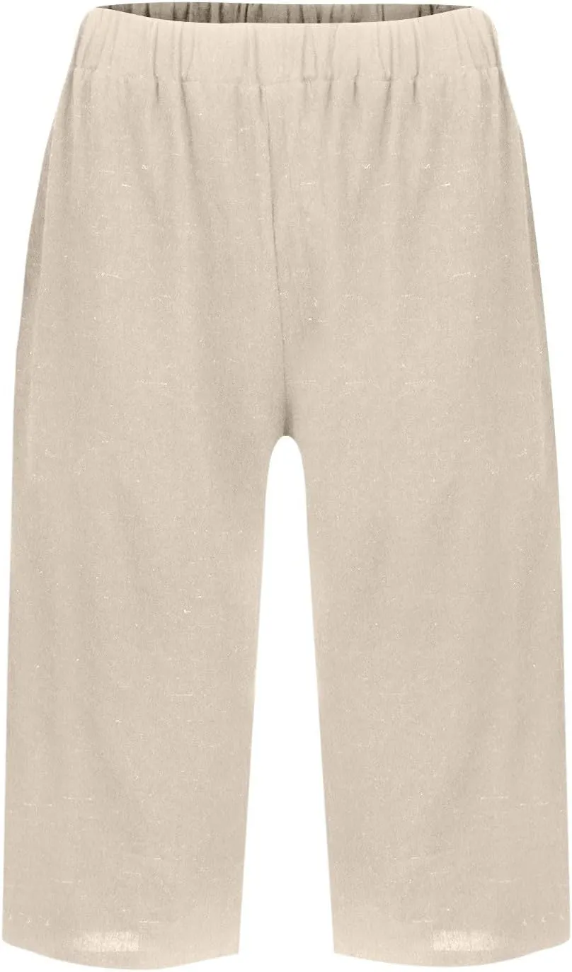 Pedal Pushers for Women Elastic Wasit Linen Shorts Summer Boho Lightweight Baggy Cropped Capris Pants with Pockets