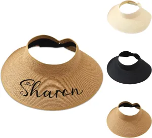 Personalized Visor Beach Hat for Women Embroidered Name, Custom Wide Brim Straw Summer Foldable Floppy Travel Beach Sun Hat Multicoloured