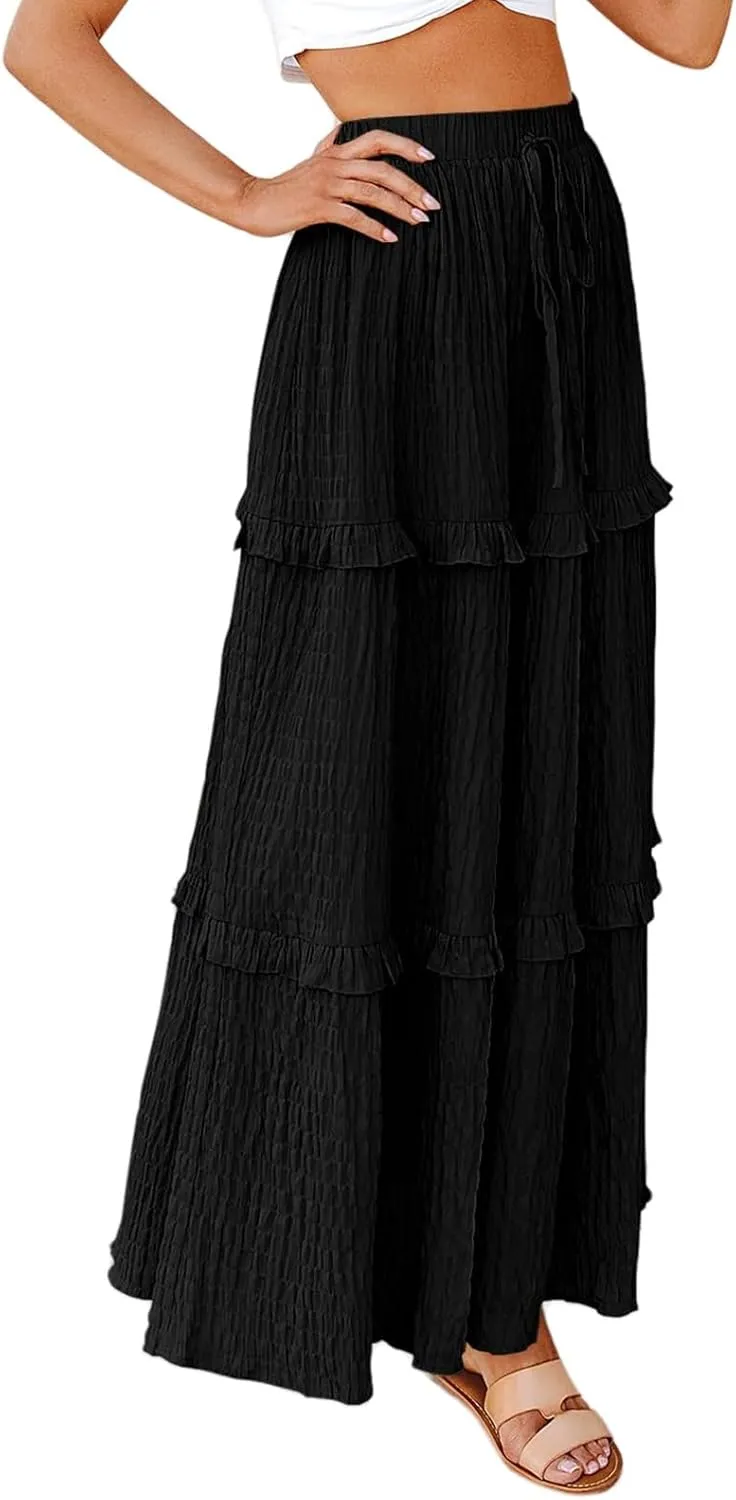 Pleated Long Skirts for Women Trendy Elastic High Waisted A-Line Flowy Swing Maxi Skirt Summer Comfy Tiered Skirt