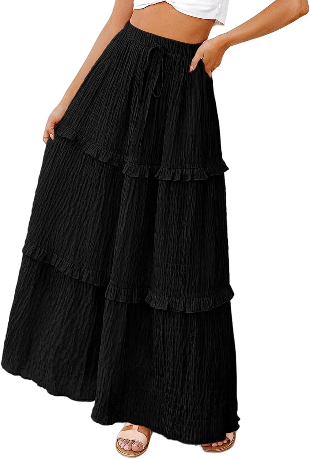 Pleated Long Skirts for Women Trendy Elastic High Waisted A-Line Flowy Swing Maxi Skirt Summer Comfy Tiered Skirt