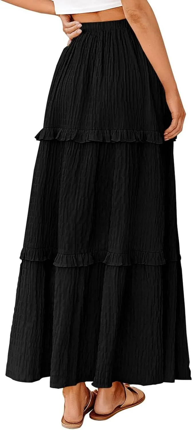 Pleated Long Skirts for Women Trendy Elastic High Waisted A-Line Flowy Swing Maxi Skirt Summer Comfy Tiered Skirt