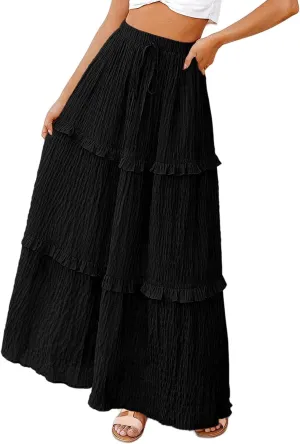 Pleated Long Skirts for Women Trendy Elastic High Waisted A-Line Flowy Swing Maxi Skirt Summer Comfy Tiered Skirt