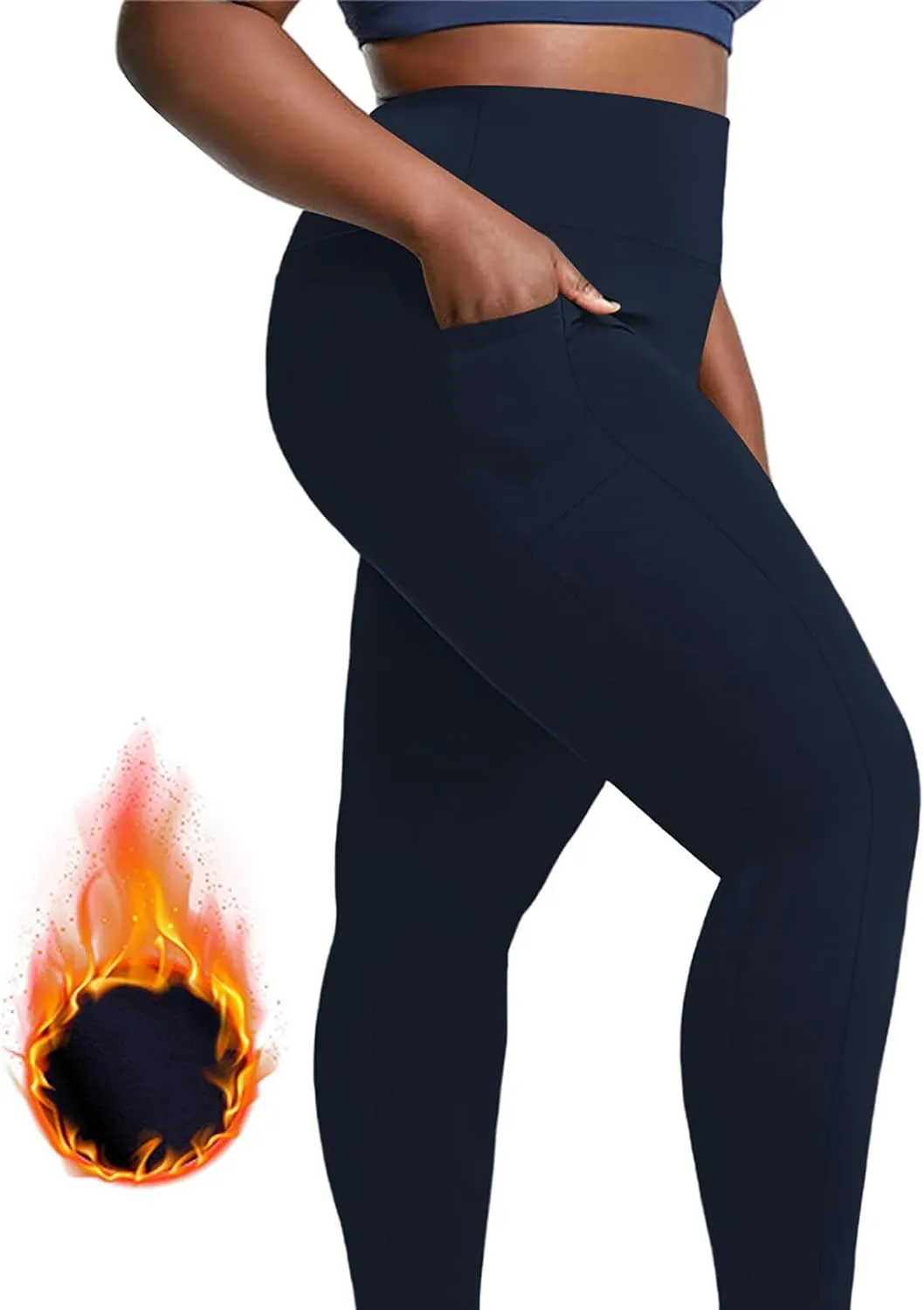 Plus Size Fleece Lined Leggings with Pockets for Women, Winter Thermal High Waist Workout Yoga Pants Tummy Control