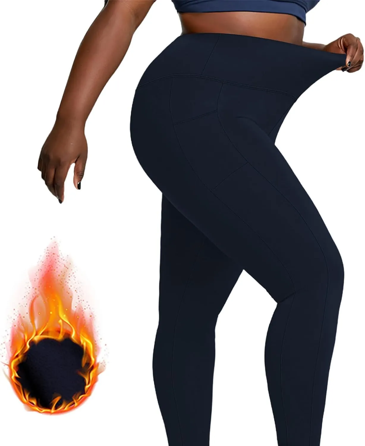 Plus Size Fleece Lined Leggings with Pockets for Women, Winter Thermal High Waist Workout Yoga Pants Tummy Control