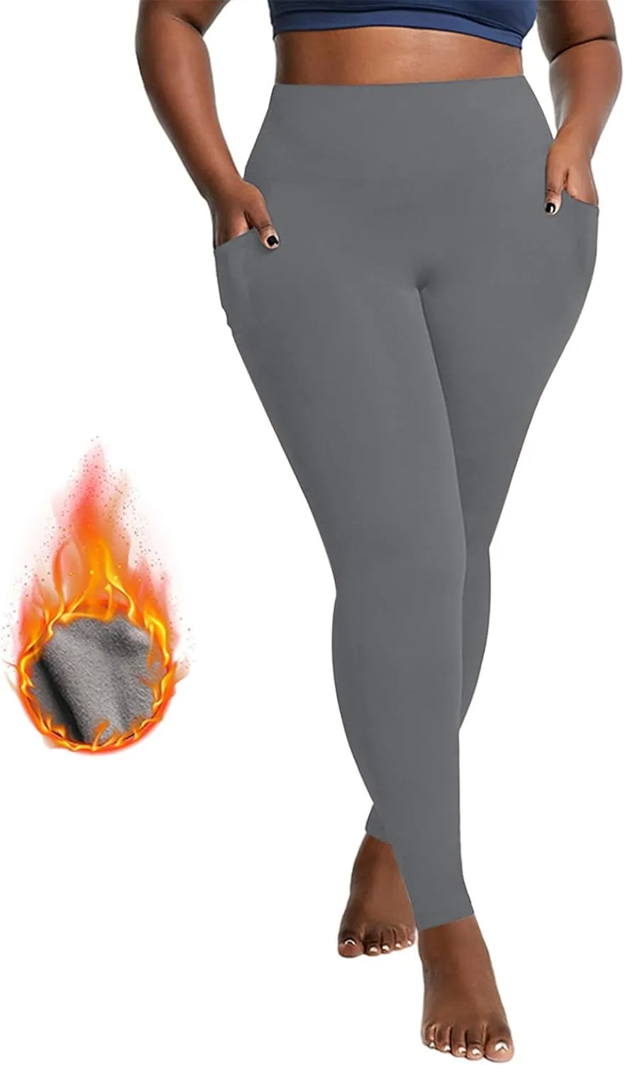 Plus Size Fleece Lined Leggings with Pockets for Women, Winter Thermal High Waist Workout Yoga Pants Tummy Control