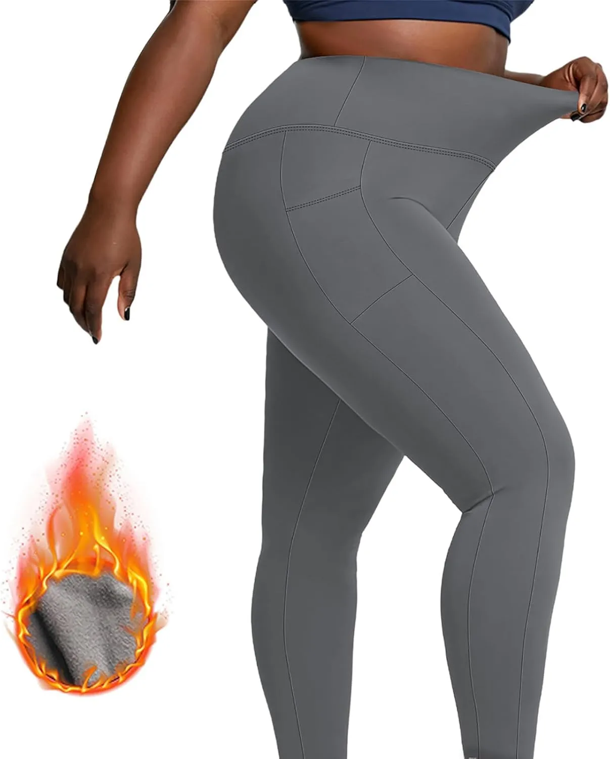 Plus Size Fleece Lined Leggings with Pockets for Women, Winter Thermal High Waist Workout Yoga Pants Tummy Control