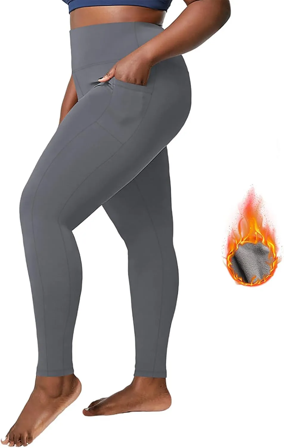 Plus Size Fleece Lined Leggings with Pockets for Women, Winter Thermal High Waist Workout Yoga Pants Tummy Control