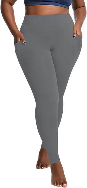 Plus Size Fleece Lined Leggings with Pockets for Women, Winter Thermal High Waist Workout Yoga Pants Tummy Control