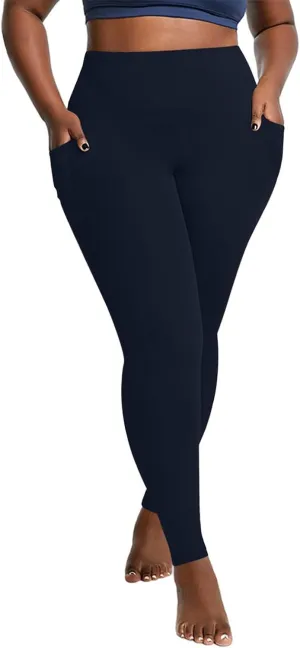 Plus Size Fleece Lined Leggings with Pockets for Women, Winter Thermal High Waist Workout Yoga Pants Tummy Control