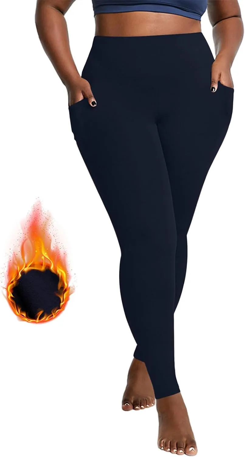 Plus Size Fleece Lined Leggings with Pockets for Women, Winter Thermal High Waist Workout Yoga Pants Tummy Control