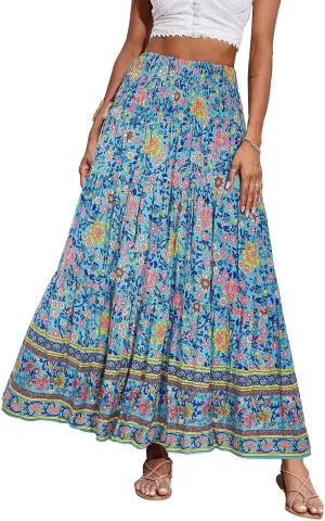 Plus Size Maxi Skirts for Women Summer Drawstring Elastic High Waisted Aline Skirt Boho Tiered Smocked Long Skirt