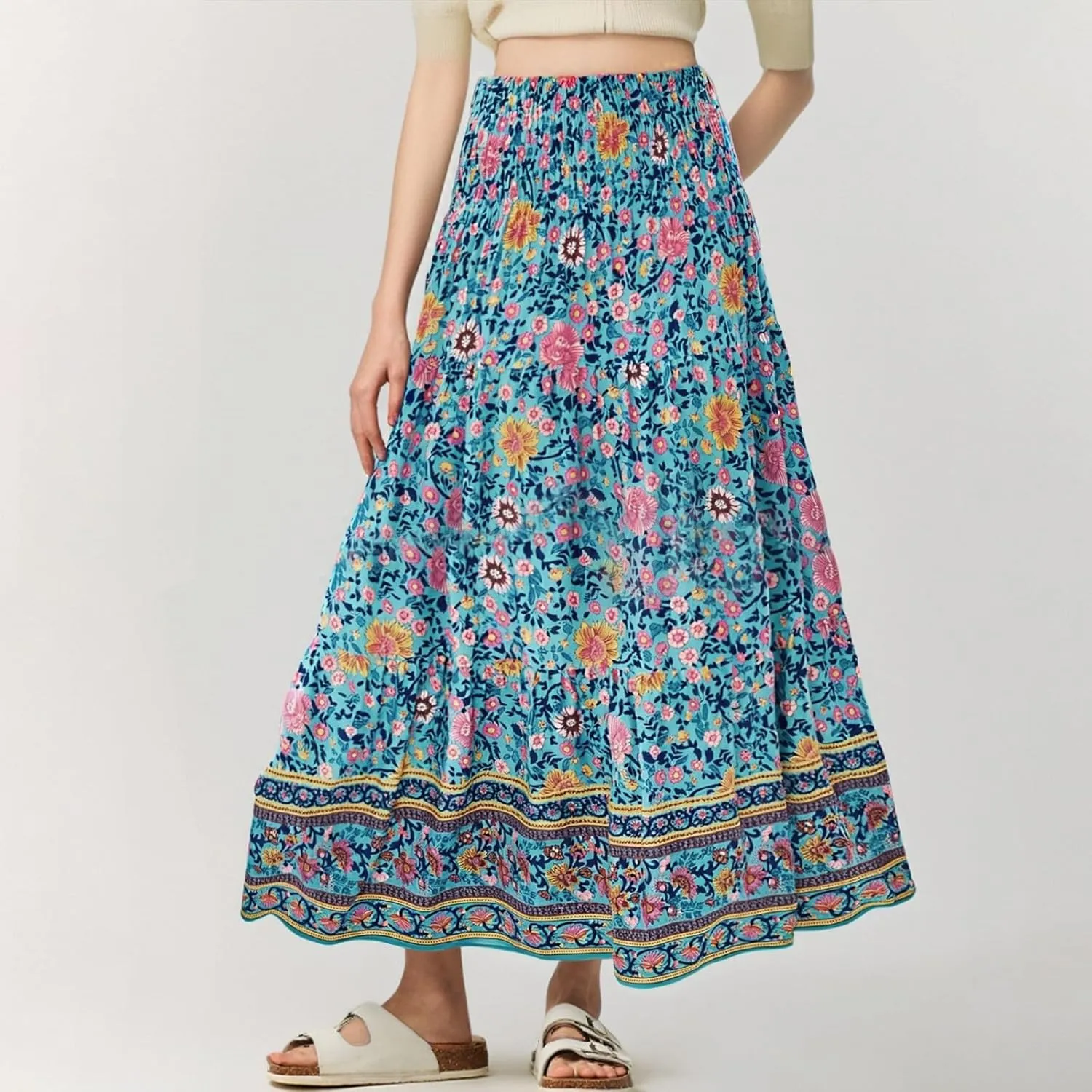Plus Size Maxi Skirts for Women Summer Drawstring Elastic High Waisted Aline Skirt Boho Tiered Smocked Long Skirt