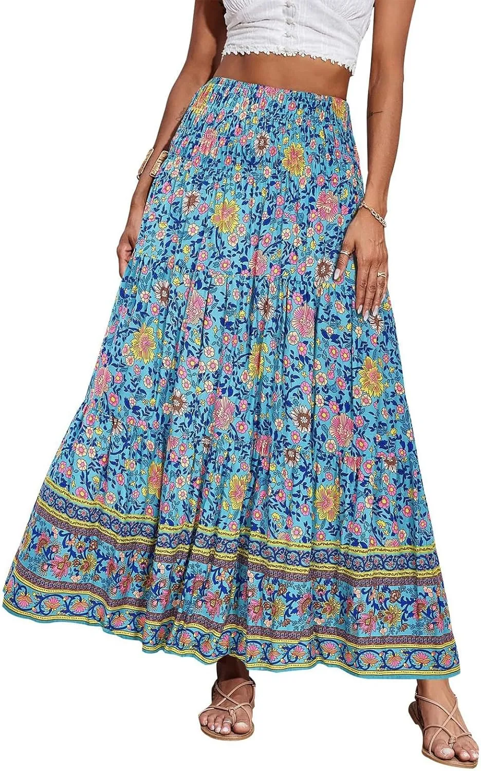 Plus Size Maxi Skirts for Women Summer Drawstring Elastic High Waisted Aline Skirt Boho Tiered Smocked Long Skirt