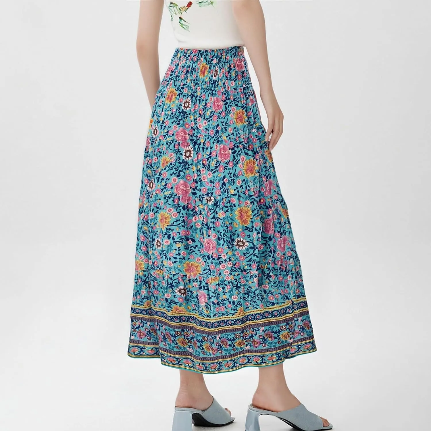 Plus Size Maxi Skirts for Women Summer Drawstring Elastic High Waisted Aline Skirt Boho Tiered Smocked Long Skirt